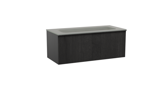 Balmani Forma zwevend badkamermeubel 120 x 55 cm zwarte eik met Tablo Strada enkele wastafel voor 2 kraangaten in composietmarmer zijdegrijs, Verticale symmetrische rechte ribbel