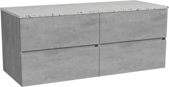 Storke Edge meuble salle de bains suspendu 130 x 52 cm béton gris foncé avec Tavola tablette simple ou double en blanc/noir mat terrazzo