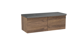 Balmani Forma hängendes Möbelstück Set: 135 x 55 cm, Amerikanischer Nussbaum, mit Rock Doppel Waschtischplatte, Granit, Schwarzes Granit, Horizontale symmetrische gerade Rippe