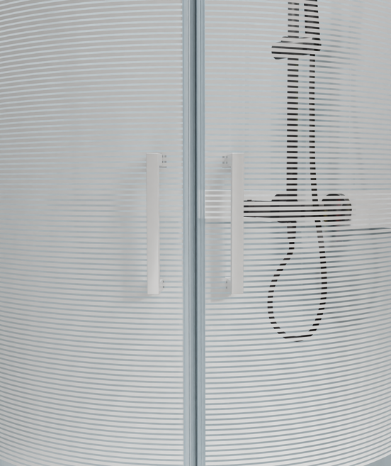 Luca Varess Talan kwartronde douchecabine met schuifdeuren 90 x 90 cm helder glas met mat gestreepte strook glanzend wit profiel