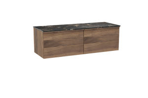 Balmani Forma zwevend badkamermeubel 150 x 55 cm amerikaanse notelaar met Stretto enkel of dubbel tablet in marmer portoro gold, Horizontale symmetrische rechte ribbel