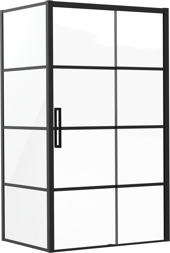 Luca Varess Senses Eckdusche: Schiebetür (rechts), fixierte Seitenwand, 120 x 90 cm, Lined Glas, Schwarzes Profil, matt