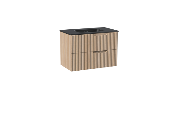 Linie Ribbo meuble salle de bains suspendu 80 x 46 cm chêne clair avec Baro plan simple en porcelaine noir mat, Nervure circulaire symétrique verticale