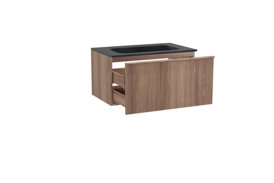 Balmani Forma zwevend badkamermeubel 90 x 55 cm teak met Tablo Strada enkele wastafel in composietmarmer mat zwart, Verticale symmetrische rechte ribbel