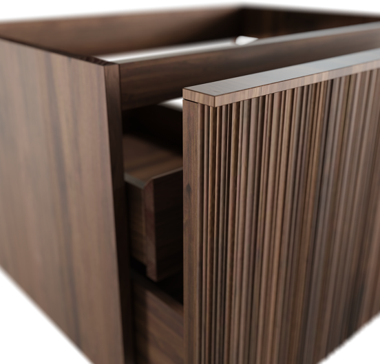 Balmani Forma zwevende wastafelonderkast 67,5 x 55 cm Amerikaans notenhout 2 lades vert. asym. groef