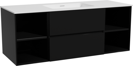 Storke Edge zwevend badmeubel 135 x 52 cm mat zwart met Mata enkele wastafel in solid surface mat wit