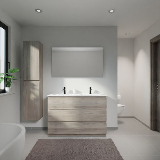 Linie Lado staand badmeubel 120 x 46 cm grijs eiken met Baro dubbele wastafel in porselein mat wit