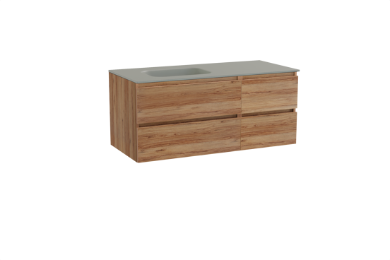 Balmani Lucida meuble salle de bains suspendu 120 x 55 cm teck avec Tablo Arcato plan vasque asymétrique à gauche en solid surface gris pierre