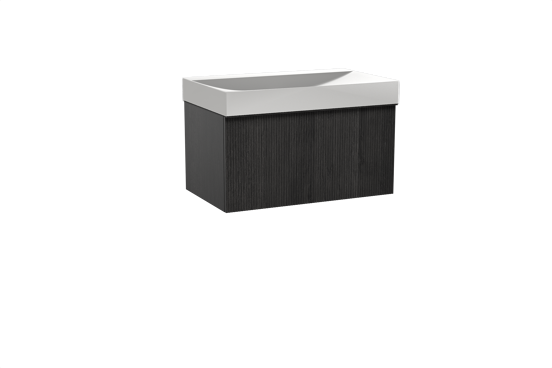 Balmani Forma zwevend badkamermeubel 90 x 55 cm zwarte eik met Wave enkele wastafel in solid surface mat wit, Verticale symmetrische rechte ribbel