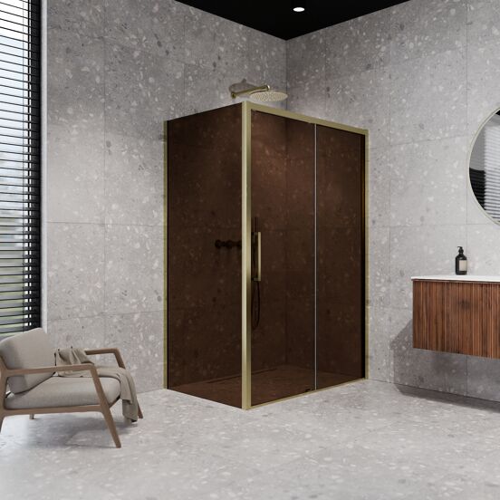 Balmani Senses Design douchehoek met rechtse schuifdeur en vaste zijwand, 140 x 100 cm, Brons, Brushed Champagne Gold profielen, met coating