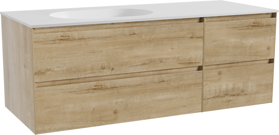 Balmani Mitra meuble salle de bains suspendu 135 x 55 cm chêne brut avec Tablo Oval vasque asymétrique gauche en solid surface blanc mat