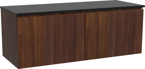 Storke Ribs zwevend badkamermeubel 130 x 52 cm notelaar met Panton enkel of dubbel tablet in gepoedercoate mdf mat zwart, Verticale symmetrische rechte ribbel