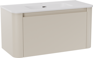 Storke Soft zwevend badkamermeubel 100 x 46 cm Sand mat met Kera Soft enkele wastafel in porselein mat wit