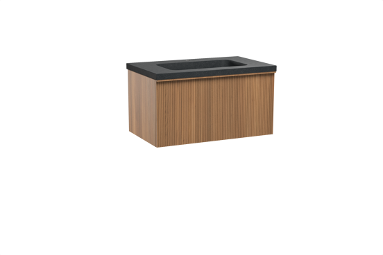 Balmani Forma hängendes Möbelstück Set: 90 x 55 cm, Teak, mit Napoli Einzelwaschtisch, Granit, Schwarzes Granit, Vertikale symmetrische gerade Rippe