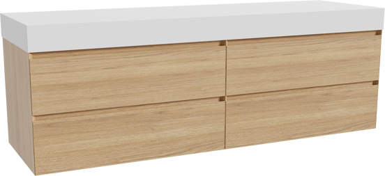Balmani Mitra zwevend badkamermeubel 180 x 55 cm natuur eik met Dominus enkel of dubbel tablet in solid surface mat wit