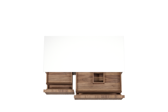Balmani Forma zwevend badmeubel 120 x 55 cm amerikaans notenhout met Stretto enkel of dubbel wastafelblad in solid surface mat wit, Verticale asymmetrische ronde ribbel