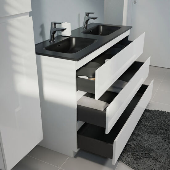 Linie Lado meuble salle de bains à poser 120 x 46 cm blanc brillant avec Baro double vasque en porcelaine noir mat