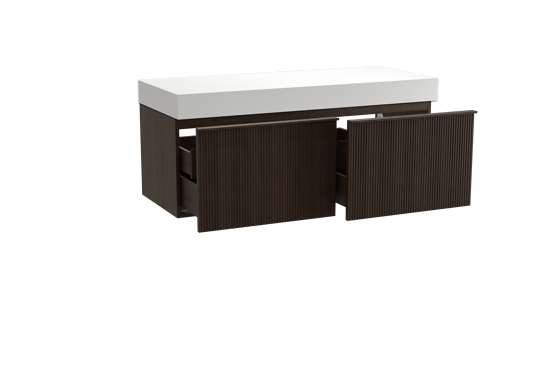 Balmani Forma meuble salle de bains suspendu 135 x 55 cm chêne fumé avec Dominus tablette simple ou double en solid surface blanc mat, Nervure droite symétrique verticale