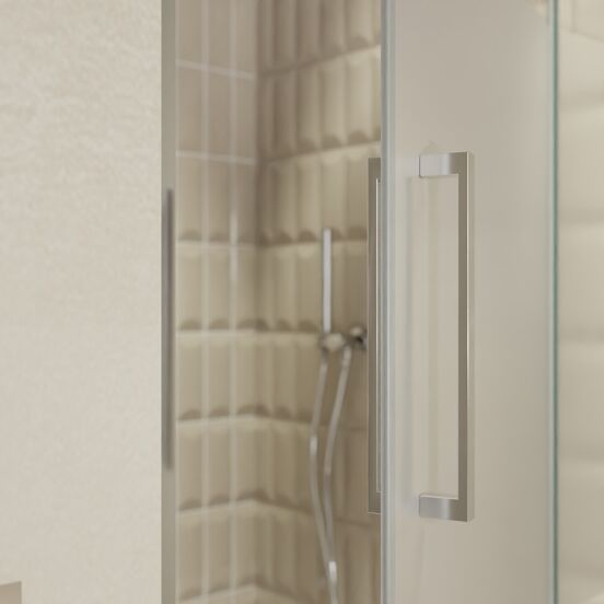 Balmani Senses Design Dusche Drehtür, Rechts, 100 cm x 210 cm, Klarglas mit mattiertem Streifen, Profil Chrom