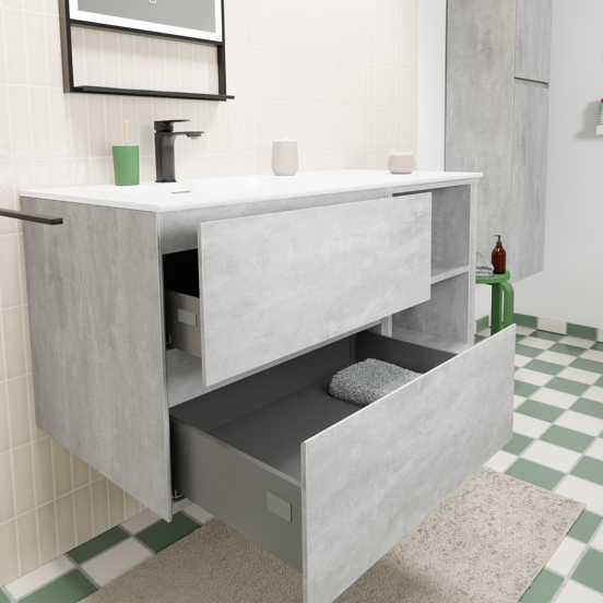 Storke Edge meuble salle de bains suspendu 110 x 52 cm béton gris foncé avec Mata plan vasque asymétrique à gauche en solid surface blanc mat
