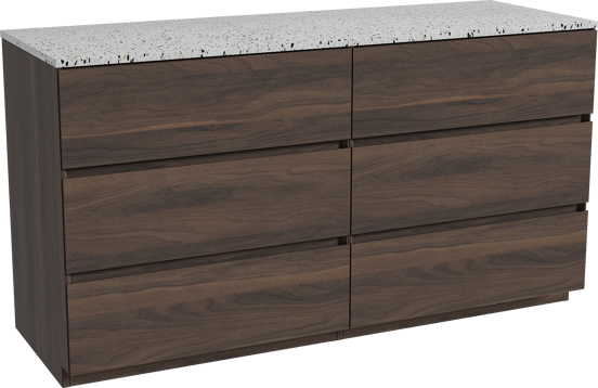 Storke Edge staand badmeubel 150 x 52 cm notenhout met Tavola enkel of dubbel wastafelblad in mat wit/zwart terrazzo