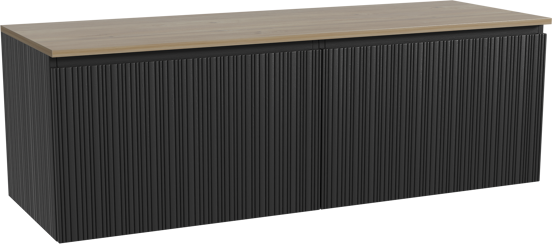 Storke Ribs zwevend badmeubel 150 x 52 cm zwart eiken met Panton enkel of dubbel wastafelblad in melamine ruw eiken, Verticale asymmetrische rechte ribbel