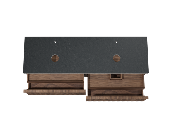 Balmani Forma hängendes Möbelstück Set: 180 x 55 cm, Amerikanischer Nussbaum, mit Rock Doppel Waschtischplatte, Granit, Schwarzes Granit, Vertikale symmetrische gerade Rippe