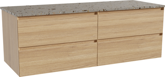 Balmani Mitra zwevend badkamermeubel 150 x 55 cm natuur eik met Stretto enkel of dubbel tablet in terrazzo greige terrazzo