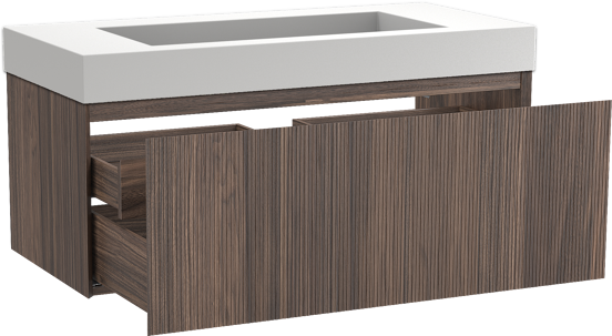 Balmani Fila hängendes Möbelstück Set: 120 x 55 cm, Nussbaum, mit Modus Einzelwaschtisch für 2 Armaturenlöcher, Solid Surface, Weiß matt, Vertikale symmetrische gerade Rippe
