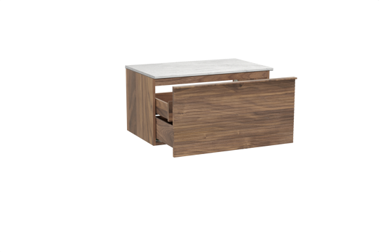 Balmani Forma hängendes Möbelstück Set: 90 x 55 cm, Amerikanischer Nussbaum, mit Stretto Einzel Waschtischplatte, Marmor, Carrara, Horizontale symmetrische gerade Rippe