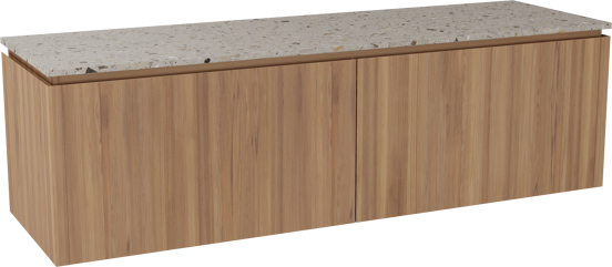 Balmani Eclips meuble salle de bains suspendu 180 x 55 cm Teck avec Stretto tablette simple ou double en Terrazzo greige