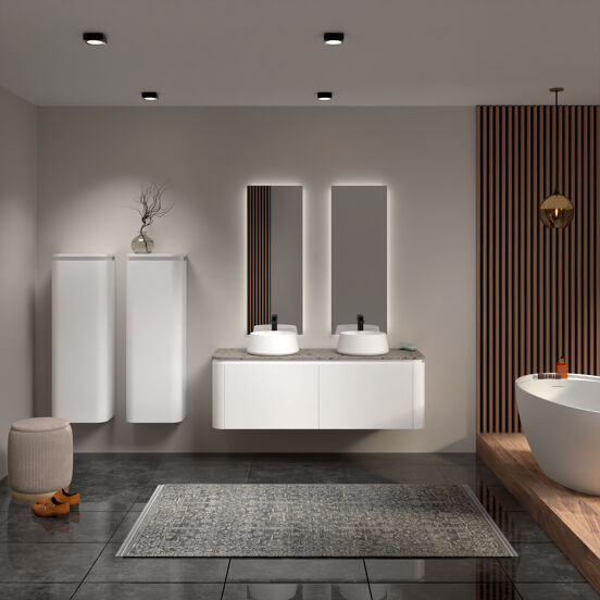 Balmani Moon meuble salle de bains suspendu 160 x 55 cm blanc mat avec Moon tablette simple ou double en terrazzo greige terrazzo