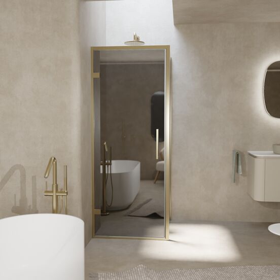 Balmani Senses Design douchehoek met linkse draaideur en vaste zijwand, 90 x 100 cm, Reflex spiegelglas, Brushed Champagne Gold profielen, met coating