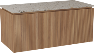 Balmani Eclips zwevend badkamermeubel 120 x 55 cm Teak met Stretto enkel of dubbel tablet in Greige terrazzo, Verticale symmetrische rechte ribbel