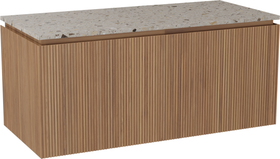 Balmani Eclips meuble salle de bains suspendu 120 x 55 cm Teck avec Stretto tablette simple ou double en Terrazzo greige, Nervure droite symétrique verticale