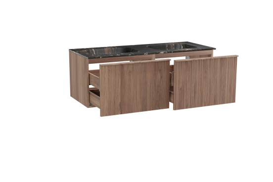 Balmani Forma hängendes Möbelstück Set: 135 x 55 cm, Teak, mit Tablo Arcato Doppelwaschtisch, Marmor, Portoro Gold, Vertikale symmetrische gerade Rippe