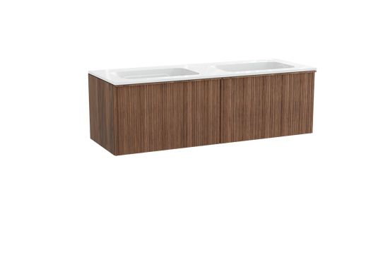 Balmani Forma zwevend badkamermeubel 150 x 55 cm amerikaanse notelaar met Tablo Strada dubbele wastafel in composietmarmer glanzend wit, Verticale asymmetrische ronde ribbel