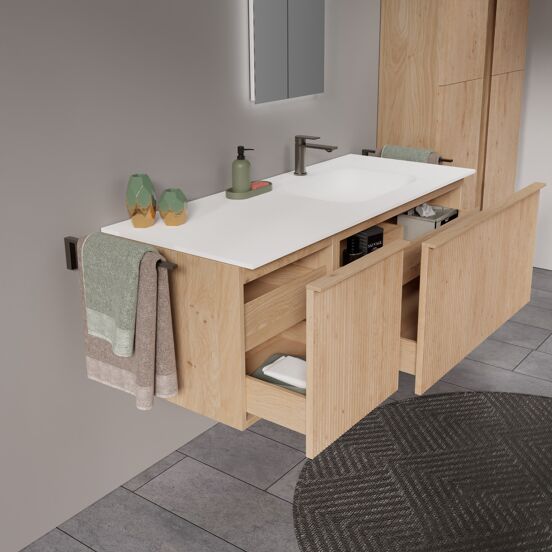 Balmani Forma meuble salle de bains suspendu 135 x 55 cm chêne naturel avec Tablo Arcato vasque asymétrique droite en solid surface blanc mat, Nervure droite symétrique verticale