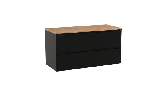 Storke Seda hängendes Möbelstück Set: 120 x 52 cm, Schwarz matt, mit Panton Einzel- oder Doppel Waschtischplatte, Melamin Rohe Eiche