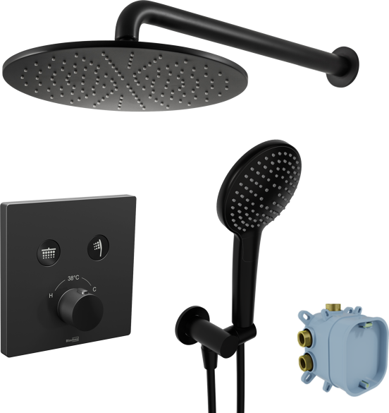Blaufoss Smartbox Switch-line robinet thermostatique Set de douche pluie encastré avec douche de tête Ø30cm noir mat