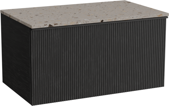 Balmani Forma hängendes Möbelstück Set: 90 x 55 cm, Schwarze Eiche, mit Stretto Einzel Waschtischplatte, Terrazzo in Greige, Vertikale symmetrische gerade Rippe