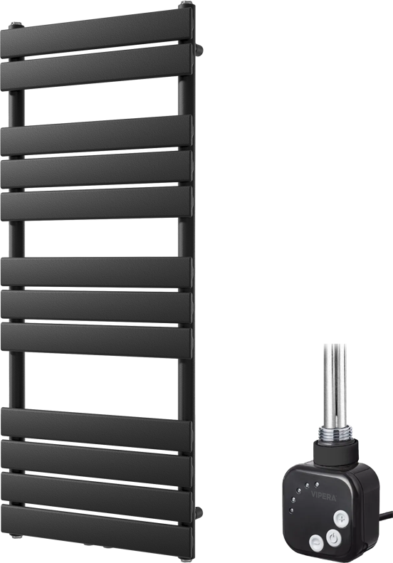 Vipera Vulcan enkele handdoekradiator 50 x 120 cm elektrische verwarming mat zwart zij- en middenaansluiting 500W, weerstand inbegrepen