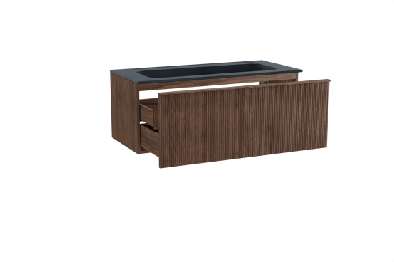 Balmani Forma zwevend badkamermeubel 120 x 55 cm amerikaanse notelaar met Tablo Strada enkele wastafel voor 2 kraangaten in composietmarmer mat zwart, Verticale symmetrische rechte ribbel