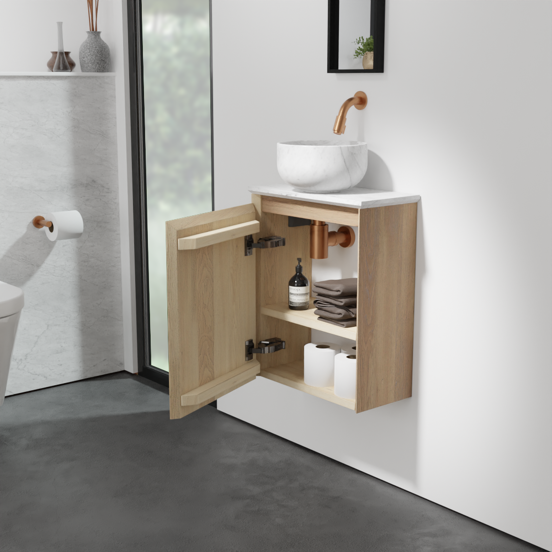 Balmani Mitra zwevend toiletmeubel 42 x 21 cm naturel eiken met Facetta wastafelblad en Bowl waskom in Carrara marmer