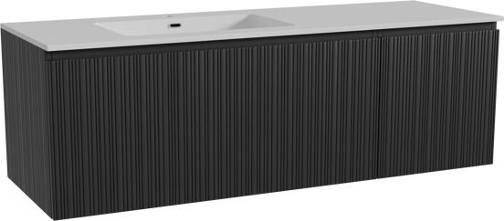 Storke Ribs zwevend badmeubel 150 x 52 cm zwart eiken met Diva asymmetrisch linkse wastafel in composietmarmer hoogglans wit, Verticale asymmetrische rechte ribbel