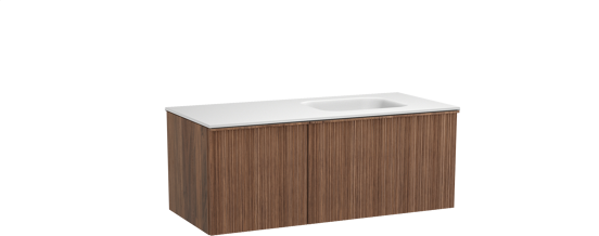 Balmani Forma zwevend badkamermeubel 120 x 55 cm amerikaanse notelaar met Tablo Arcato asymmetrisch rechtse wastafel in solid surface mat wit, Verticale asymmetrische ronde ribbel