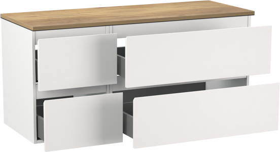 Linie Lado zwevend badmeubel 120 x 46 cm mat wit met Lado enkel of dubbel wastafelblad in melamine naturel eiken
