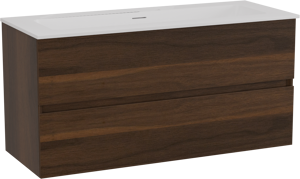 Storke Edge zwevend badkamermeubel 100 x 40 cm notelaar met Mata enkele wastafel voor 2 kraangaten in solid surface mat wit