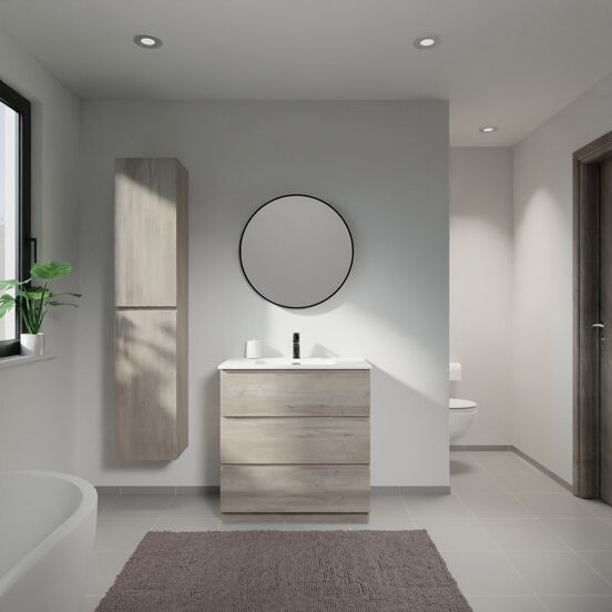 Linie Lado meuble salle de bains à poser 80 x 46 cm chêne gris avec Baro plan simple en porcelaine blanc mat