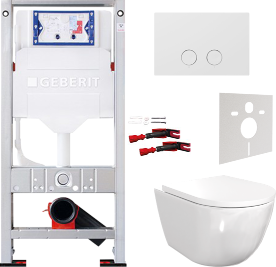 Luca Varess Moreno hangend toilet hoogglans wit randloos met Geberit Sigma inbouwspoelreservoir UP320 met Burda frame en bedieningspaneel